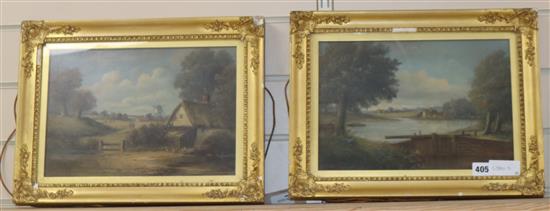 English School c.1900, pair of oils on canvas, Views of Wickford, Essex and Sittingbourne, Kent, initialled GM, 22 x 32cm